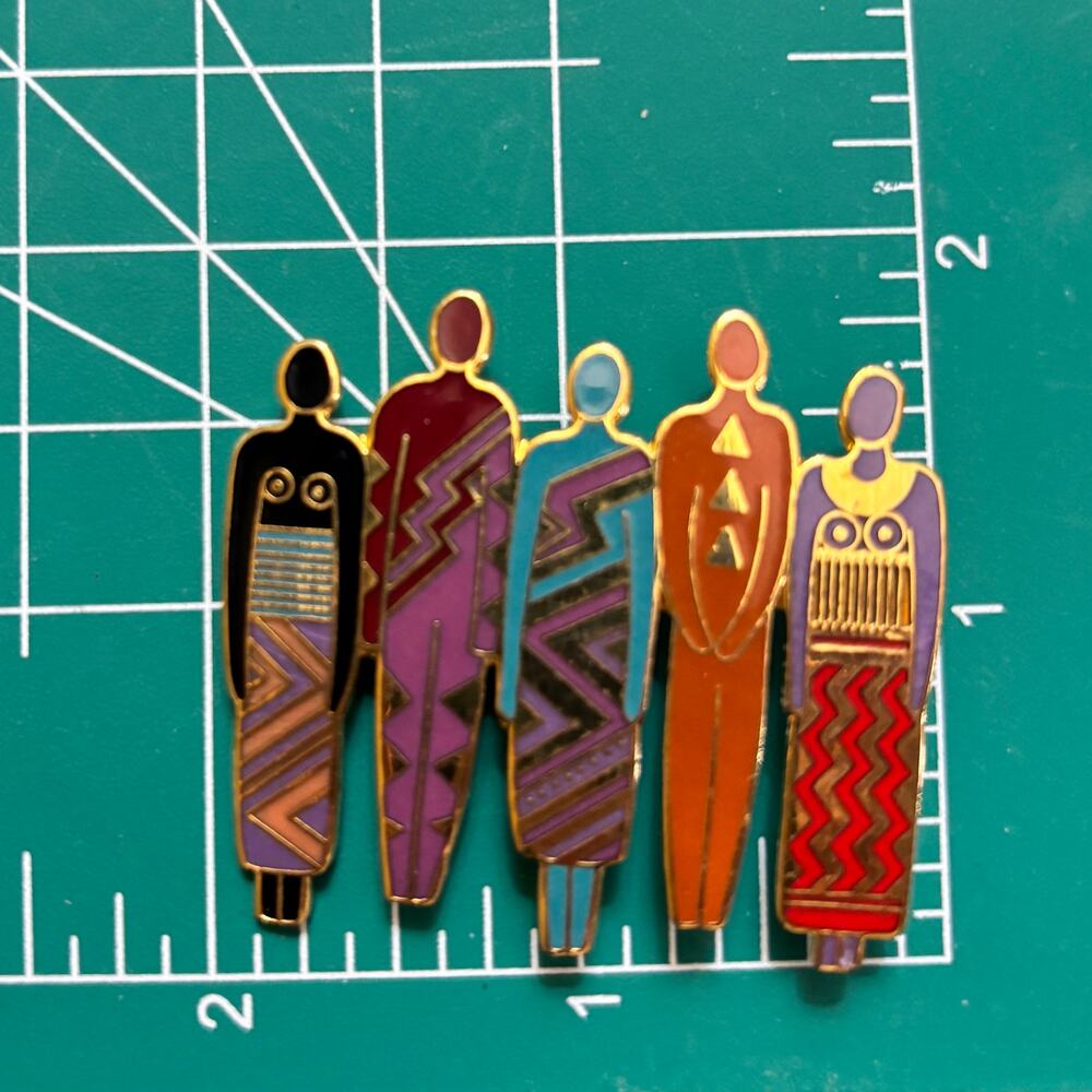 Tribe VTG Laurel Burch Signed Brooch Pin Gold Tone Enamel Colorful Africa People - Picture 6 of 6